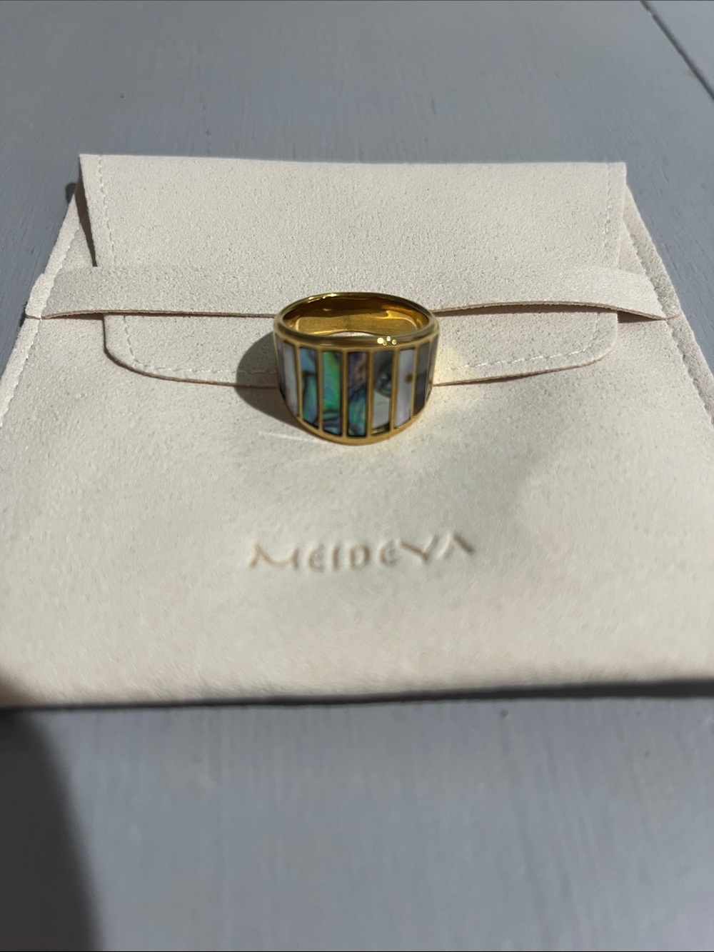 Gold Vermeil Band Ring with Iridescent Abalone Inlay